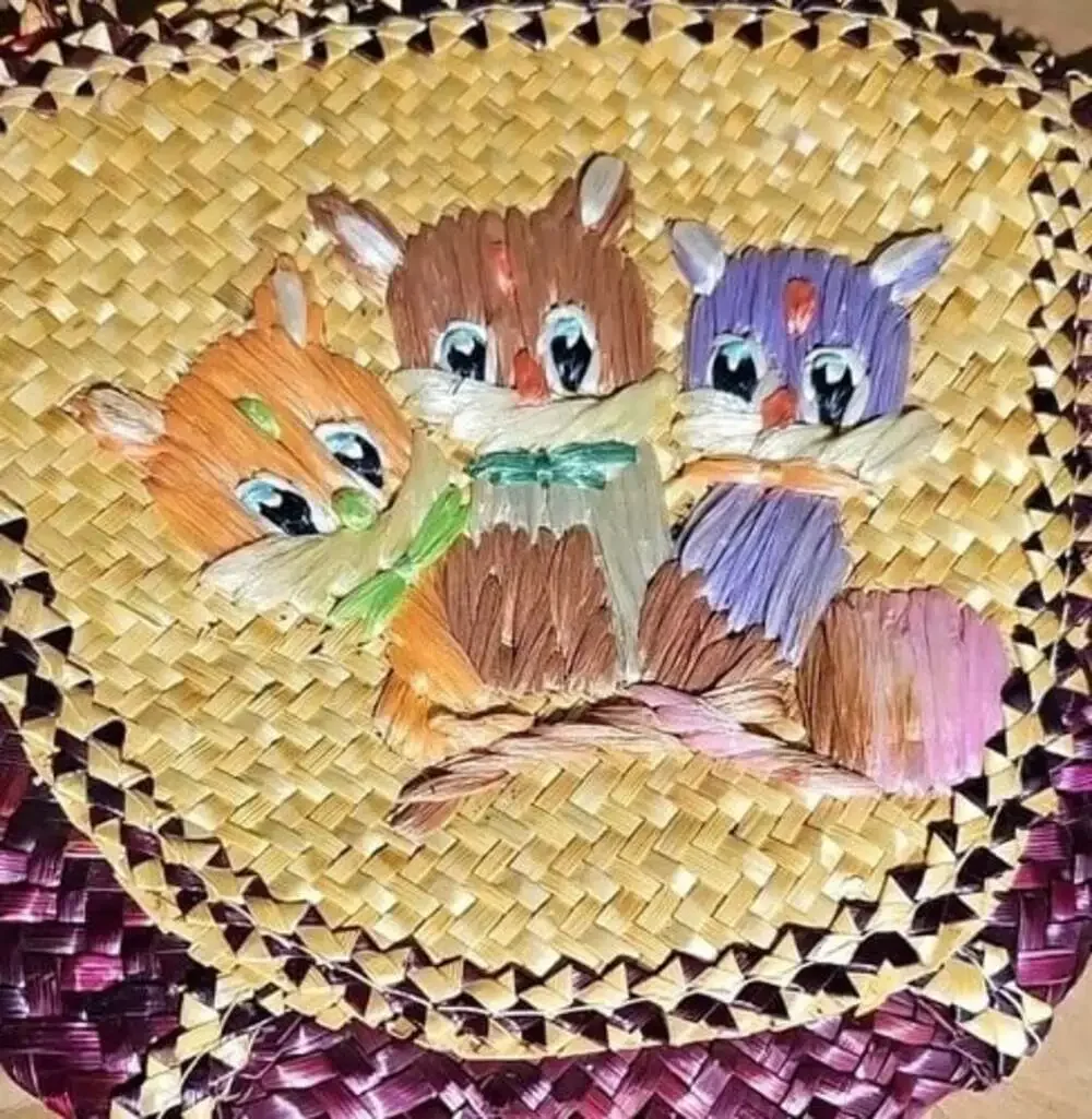 Cute Vintage 80's 3 Little Kitens Purse Plastic Lined Straw Asian Style Kids